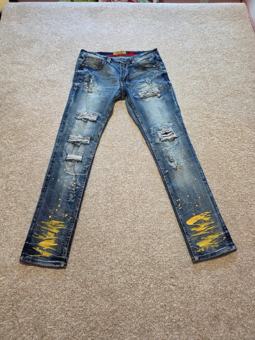 Makobi Men’s Distressed Paint Splatter Slim Straight Jeans Size 34X32